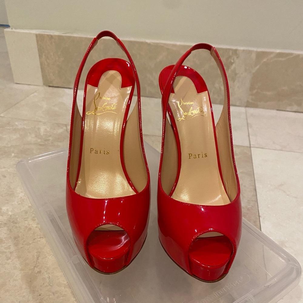 Christian Louboutin Private Number Patent Red Leather Peep Toe platform pump